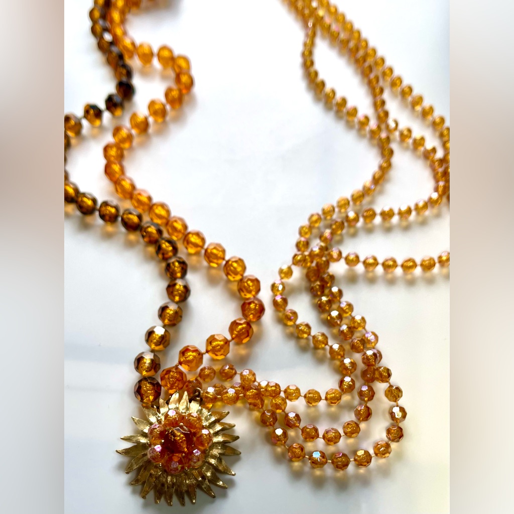 Selini 'Sun Flower' Necklace Vintage Jewelry Multi Strand Amber Beads & Pendant.